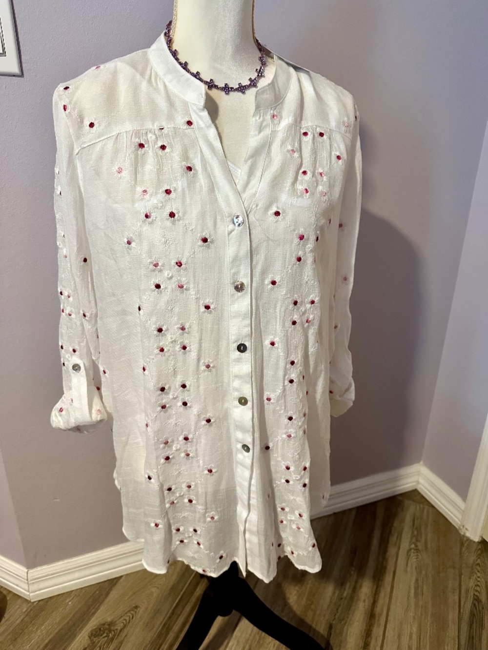 Hope Springs Pink & White Floral Embroidered Semi-Sheer Button Front Large